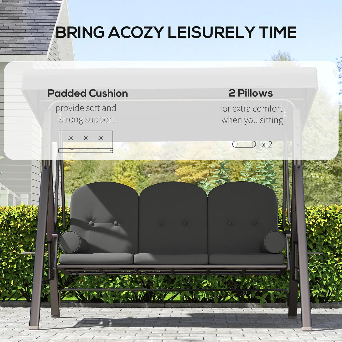 Three-seater swing chair with padded dark grey cushions, two round pillows, and canopy