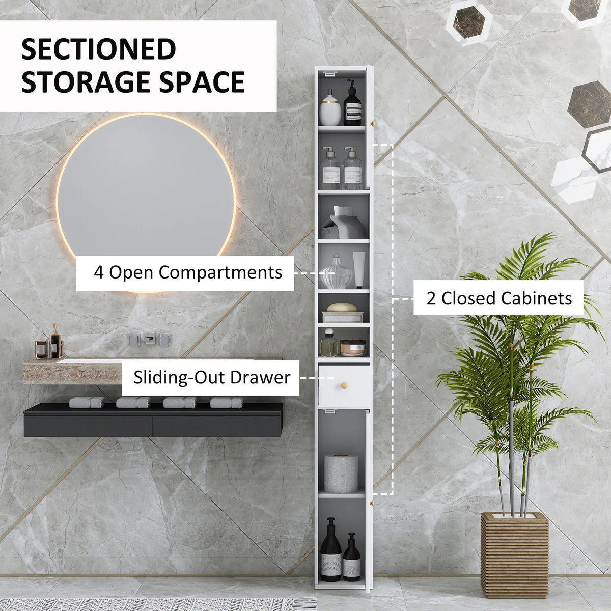 White tall storage cabinet with open compartments, closed cabinets, and drawer