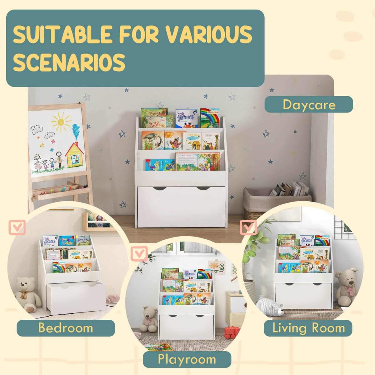 White children’s bookcase with 3-tier shelves and wheeled drawer storage