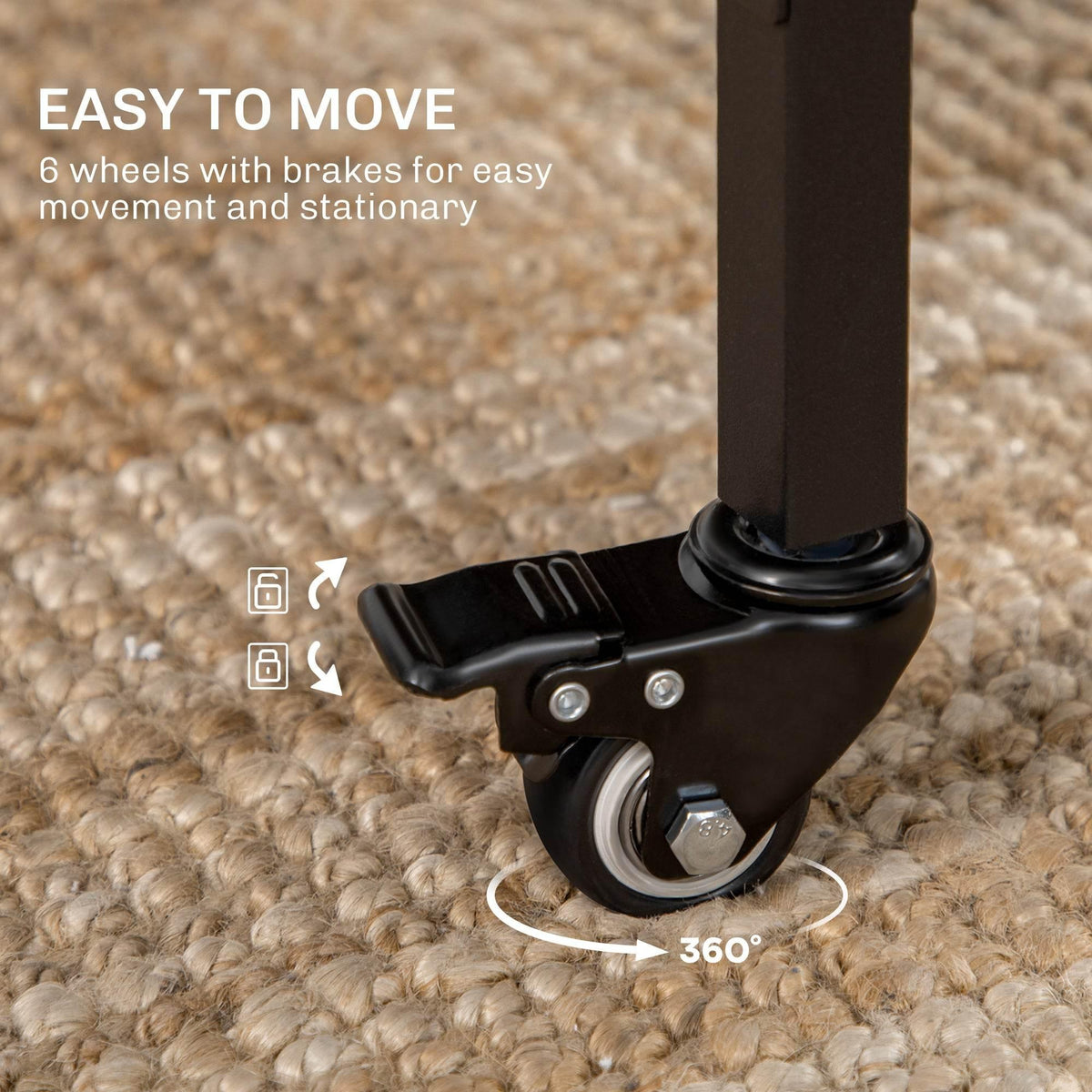 Rustic brown table caster wheel with brake mechanism on carpet