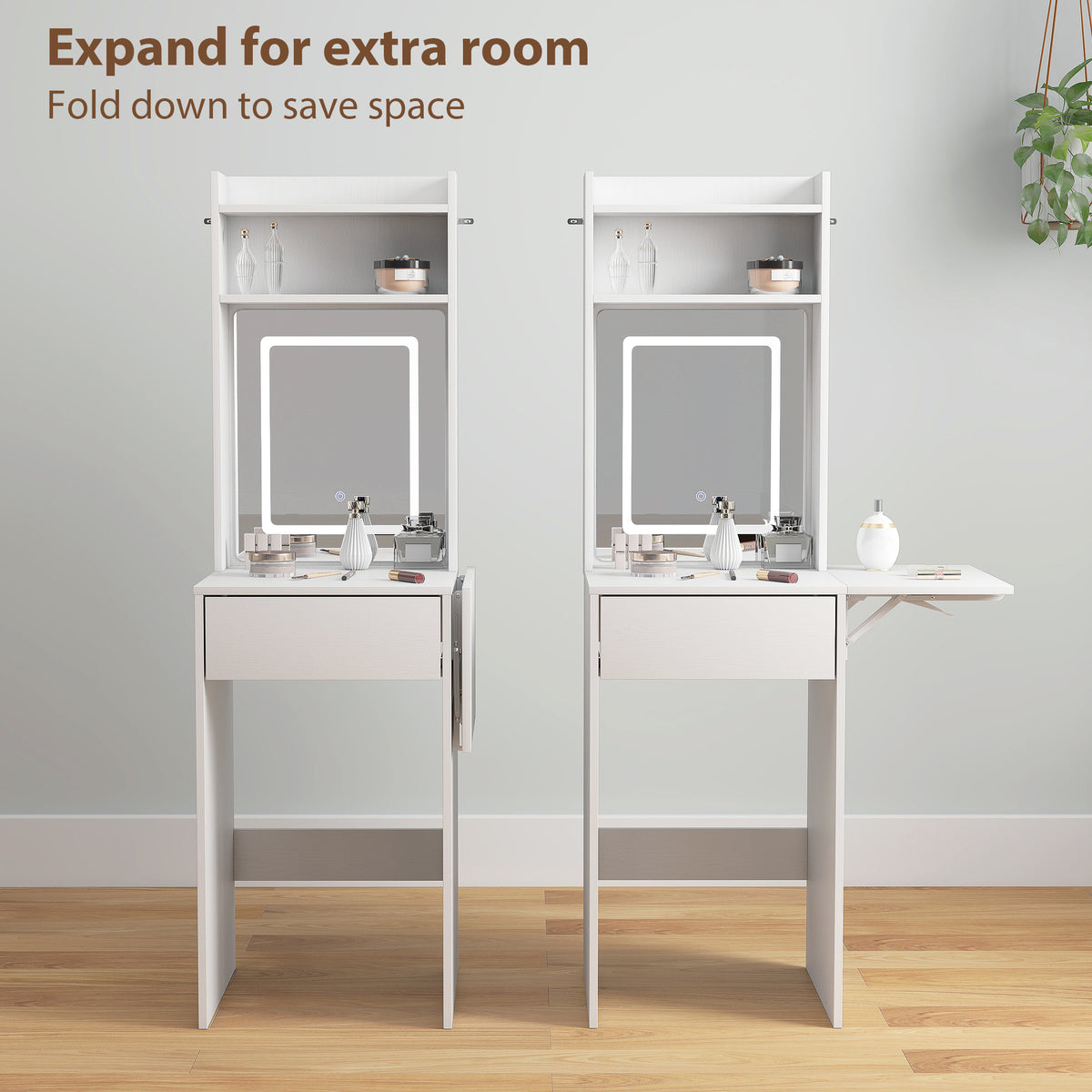 HOMCOM white vanity desk with fold-down sides, mirror, and LED-lit grooming area