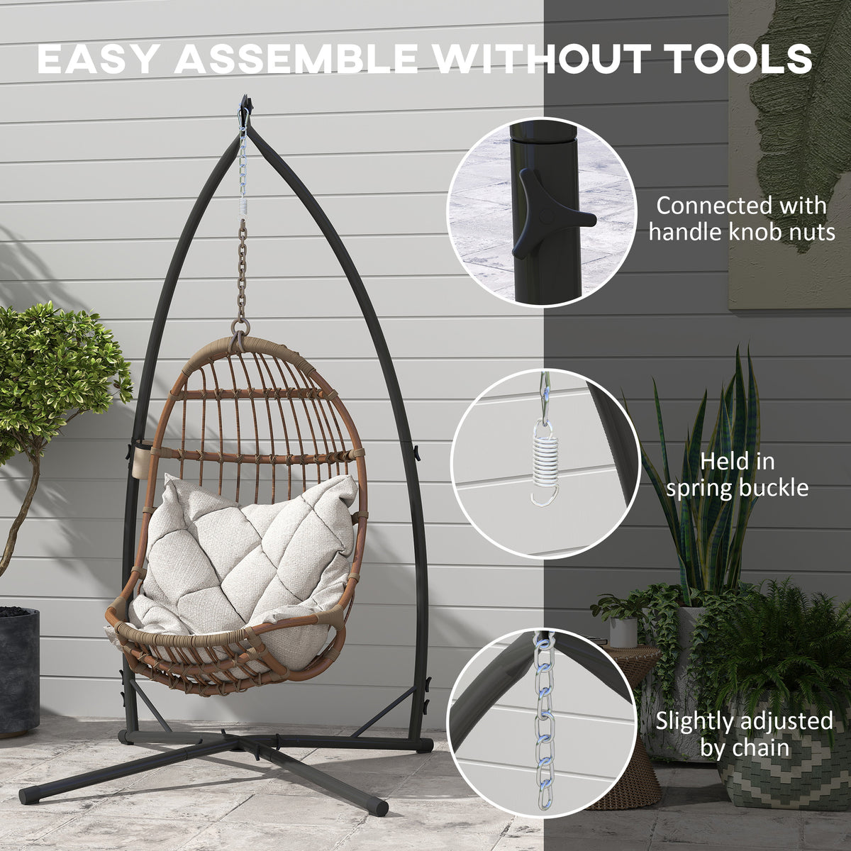 Black egg swing stand with hanging chain and spring buckle