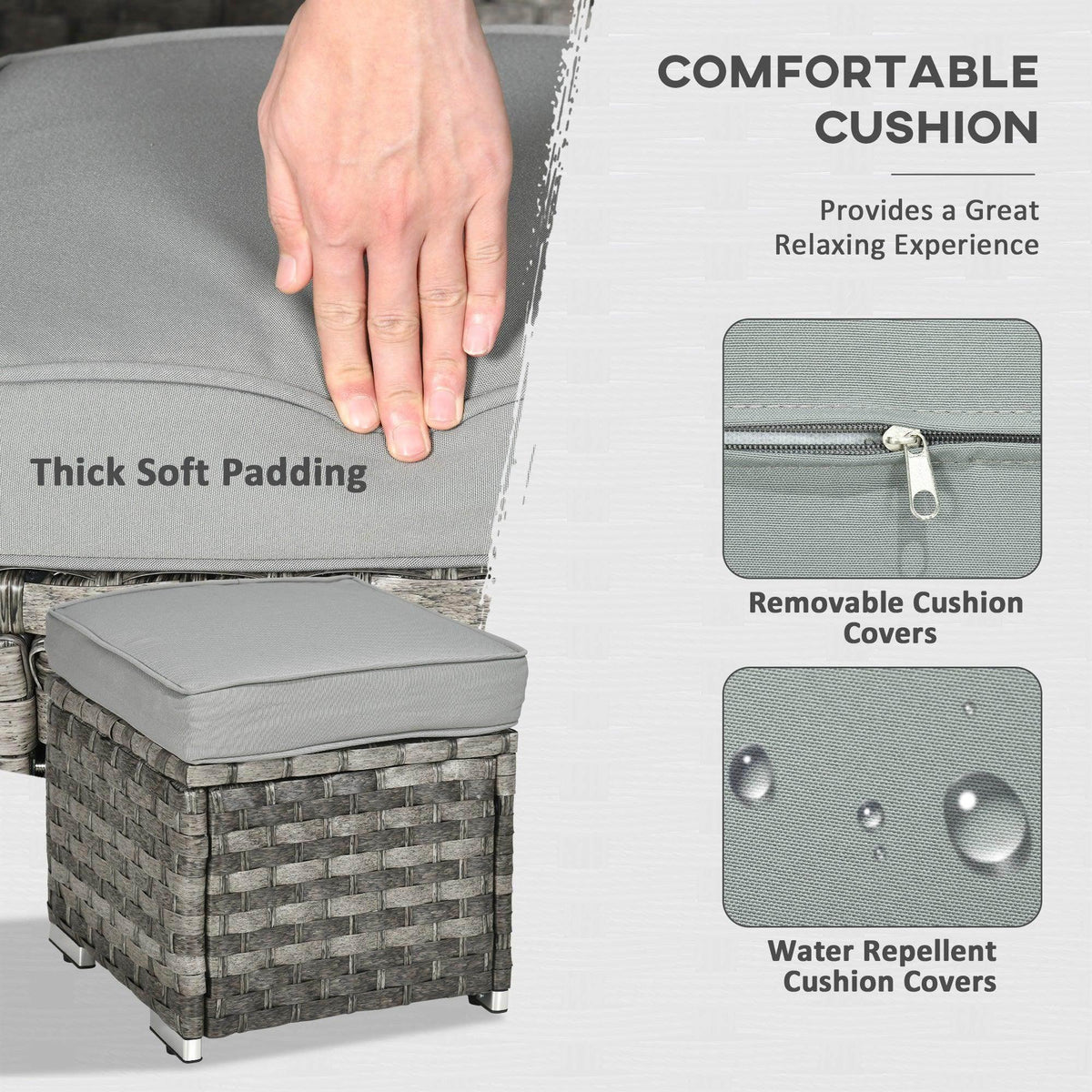 Gray cushioned ottoman with thick soft padding and water-repellent cover