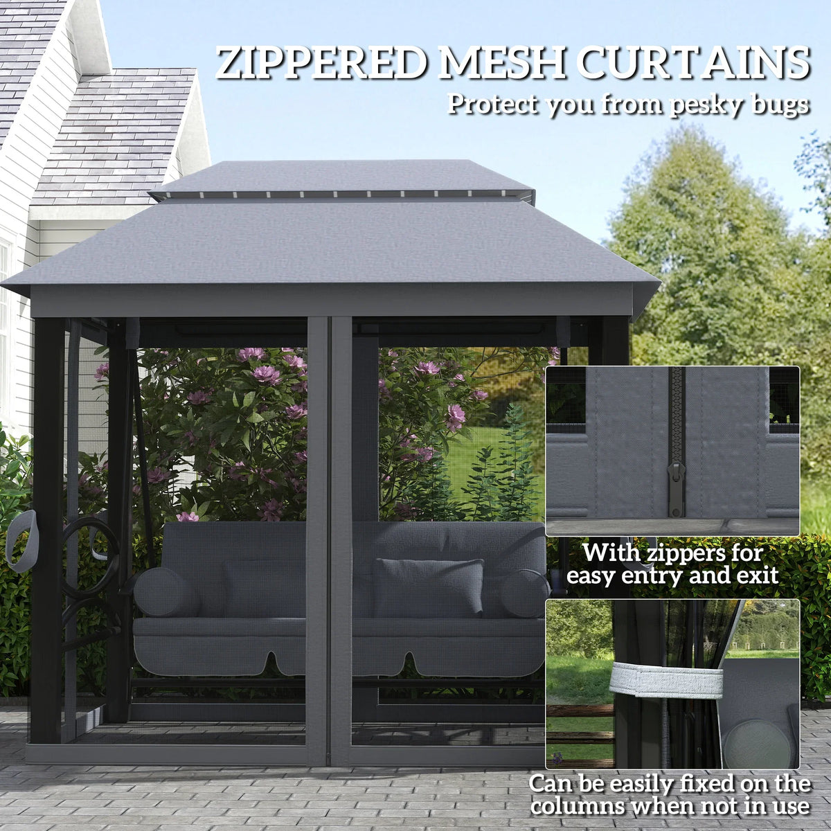 Grey gazebo swing chair with zipped mesh curtains and padded seat under a canopy roof