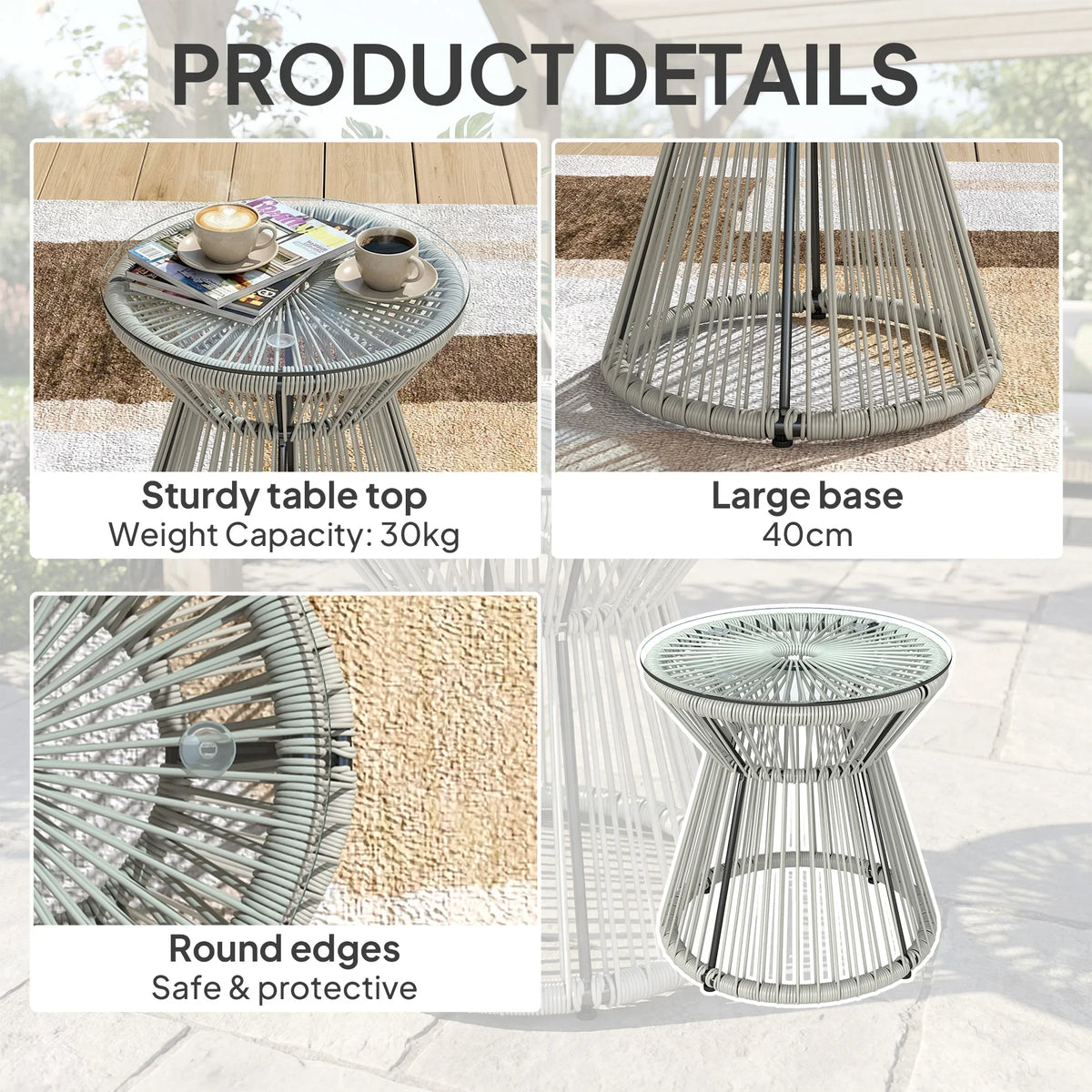 Light grey rattan outdoor coffee table with round glass top and woven pedestal base