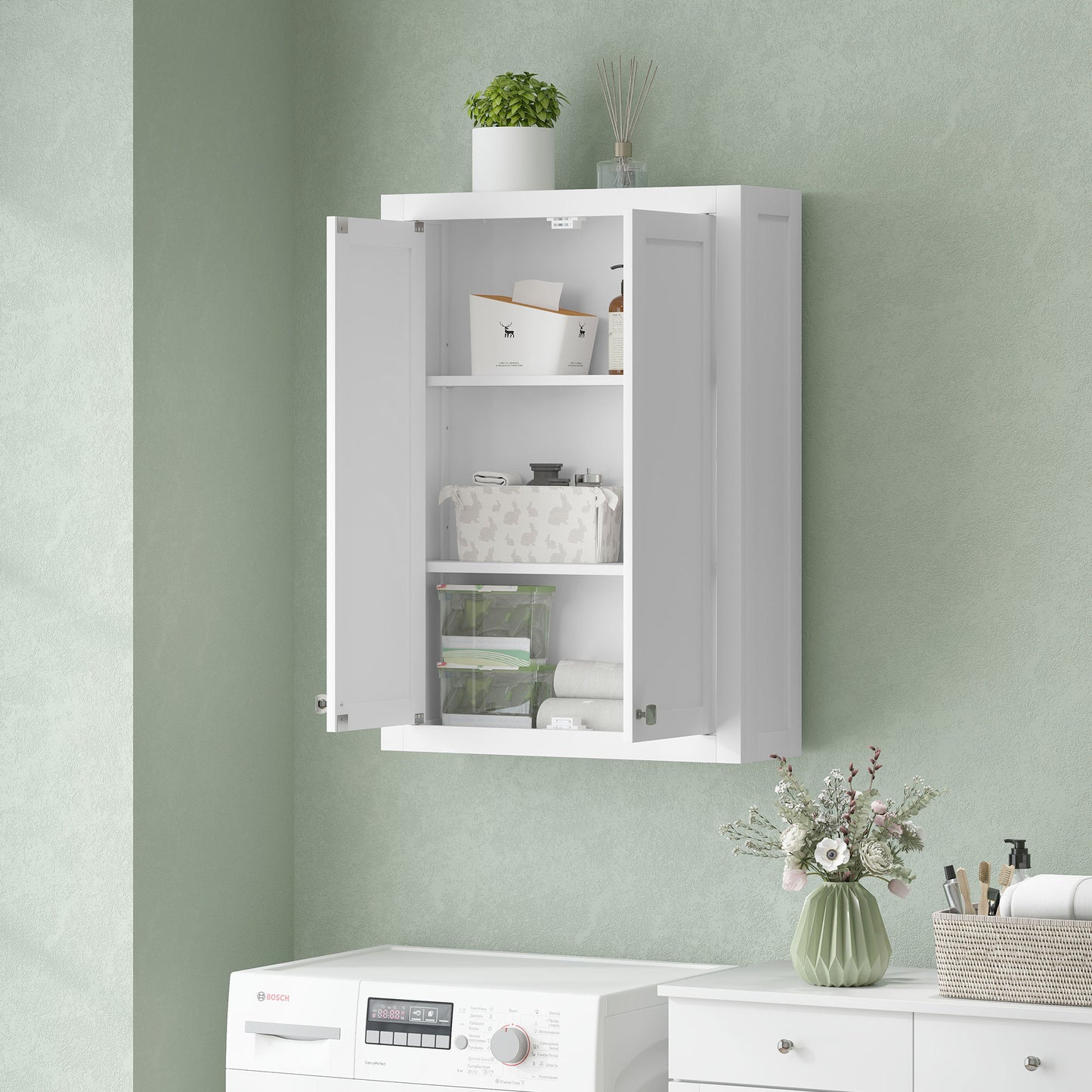 HOMCOM White Bathroom Wall Cabinet With Adjustable Shelves For Space Saving Wall Mounted Bathroom Storage