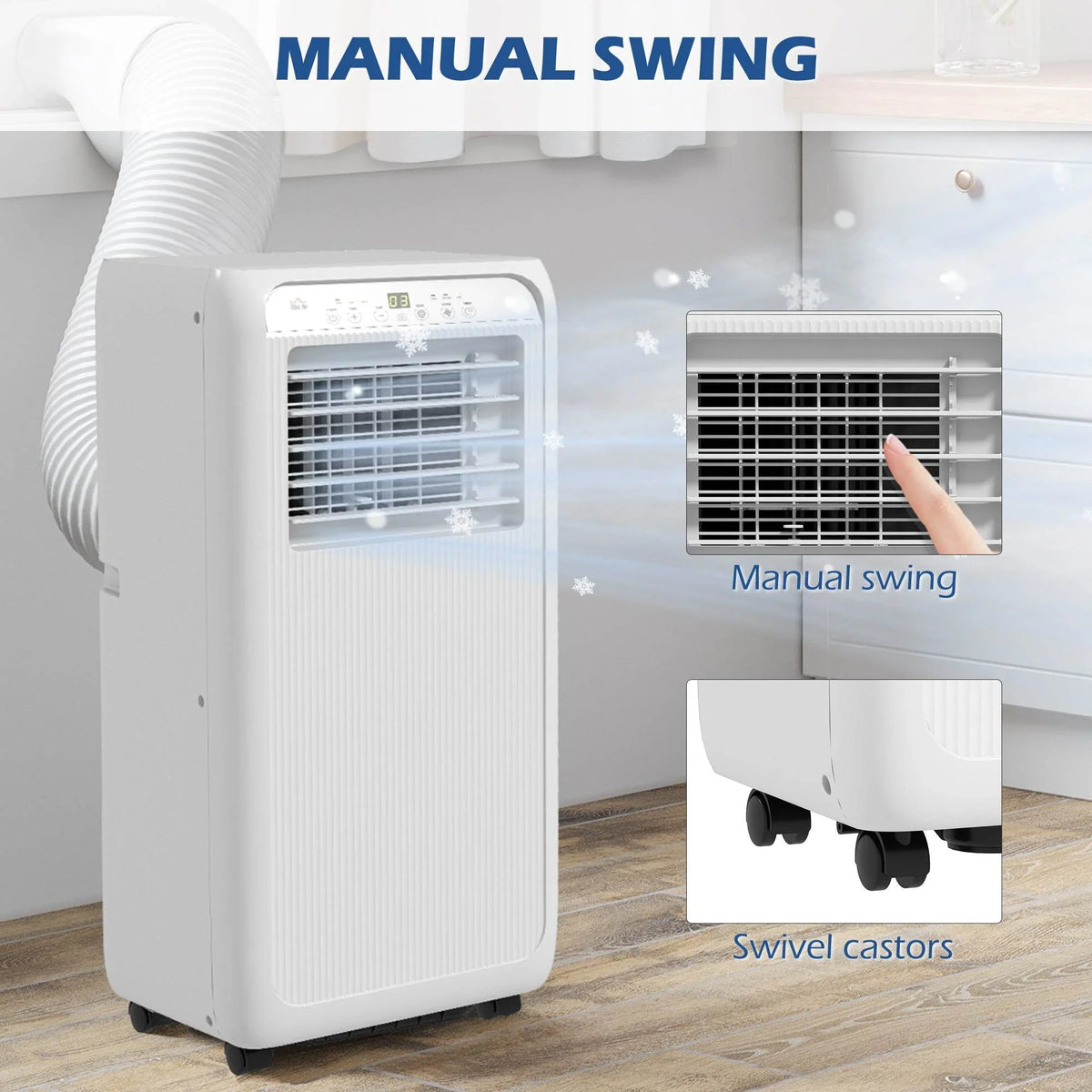 White portable air conditioner with manual swing louvers and swivel casters