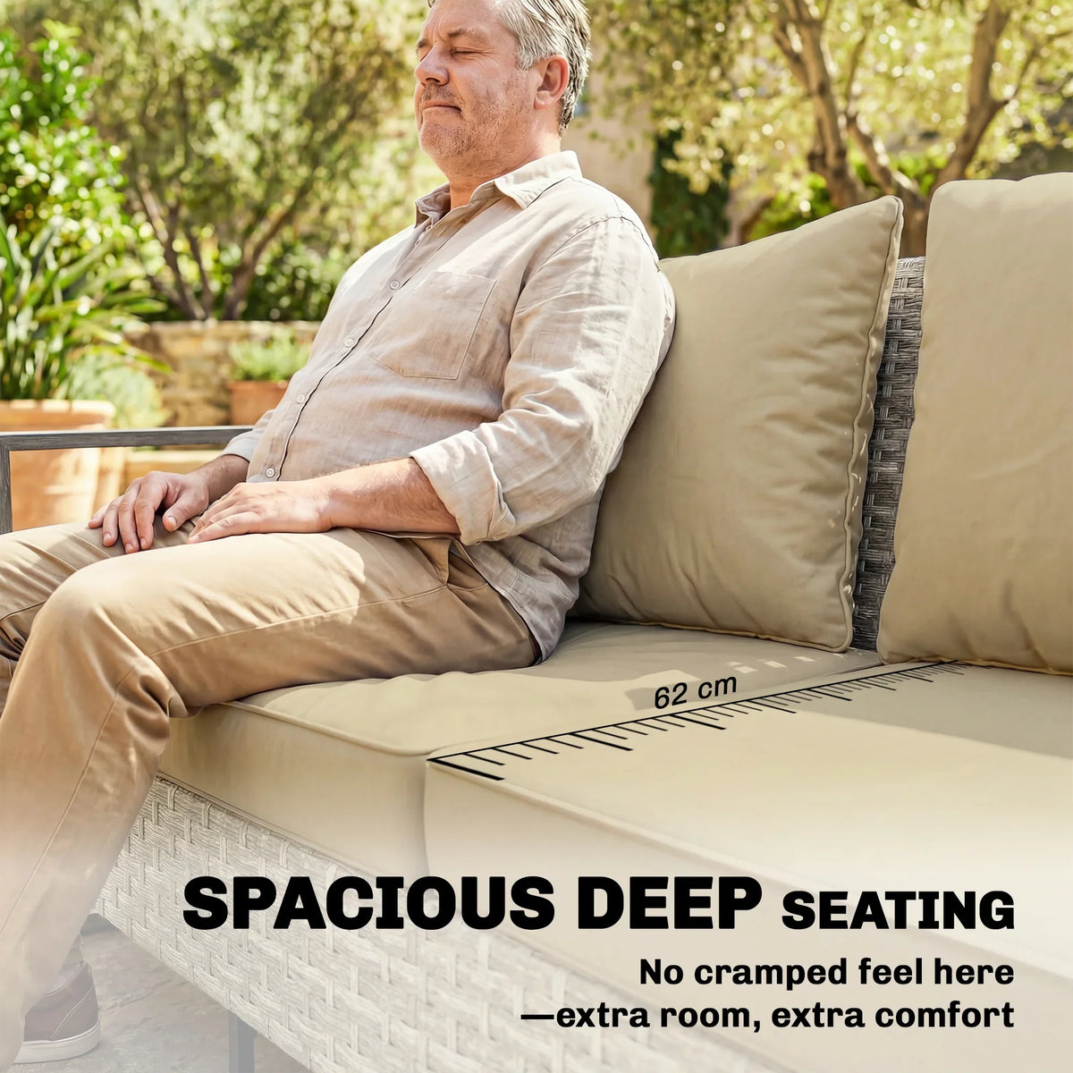 Khaki deep-seat rattan sofa with padded back cushions and wide armrest