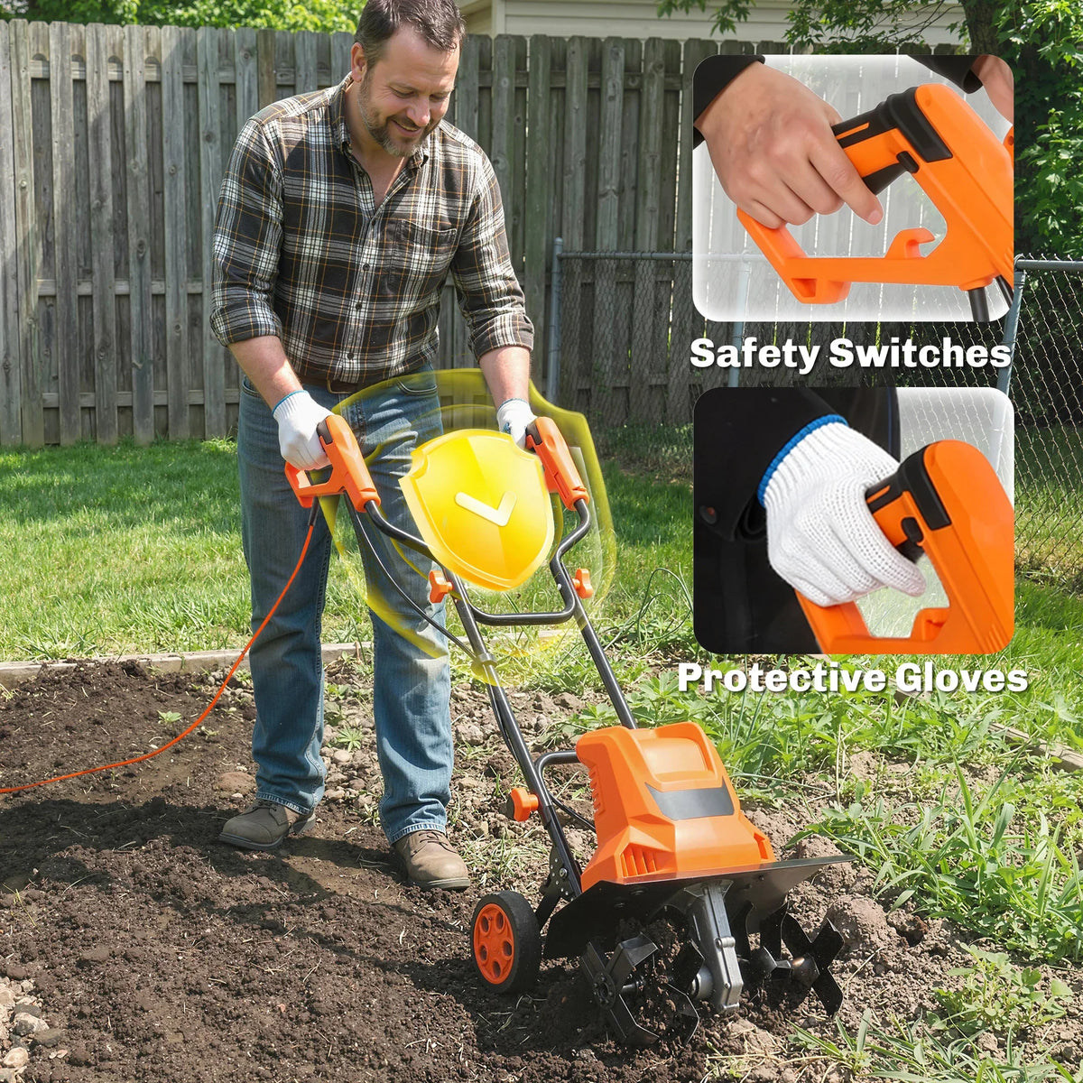 Electric garden tiller with orange safety switch area, wheeled base, and tilling head