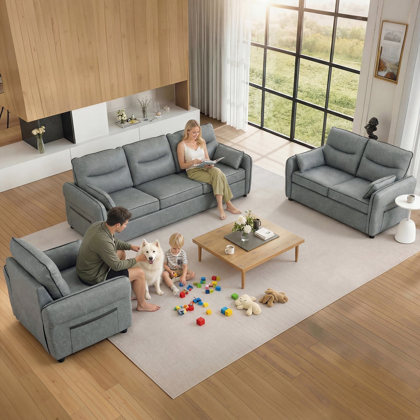 HOMCOM Accent Chair Faux Leather Armchair Grey with Black Piping Thick Foam Padding and S Springs Support