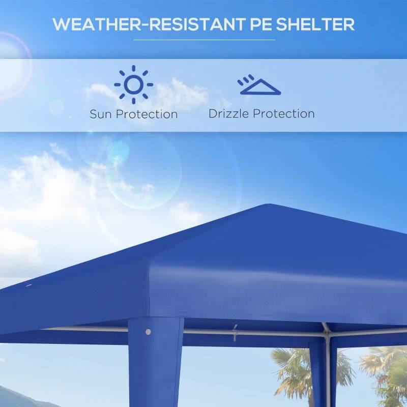 Blue gazebo canopy roof with slanted panels and corner support posts