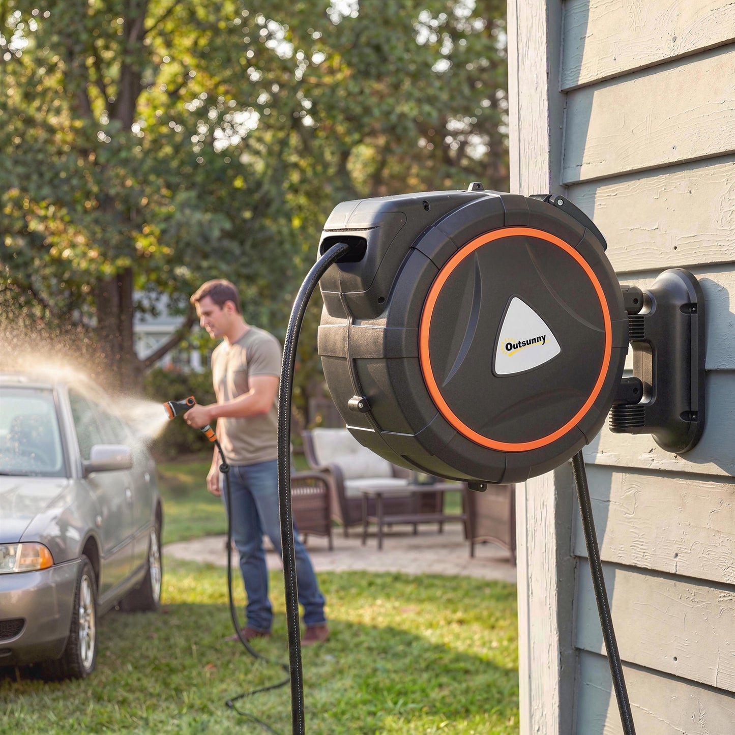 Outsunny Retractable Hose Reel Wall Mounted With Auto Retraction Self Locking Slow Return 12 Pattern Nozzles 23m Hose