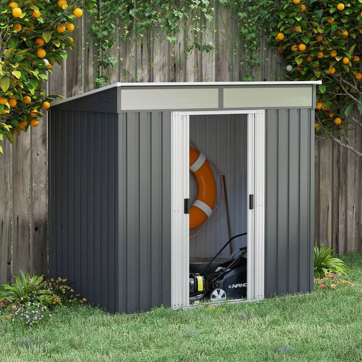Lockable gray metal garden shed with sliding doors open, showing interior storage