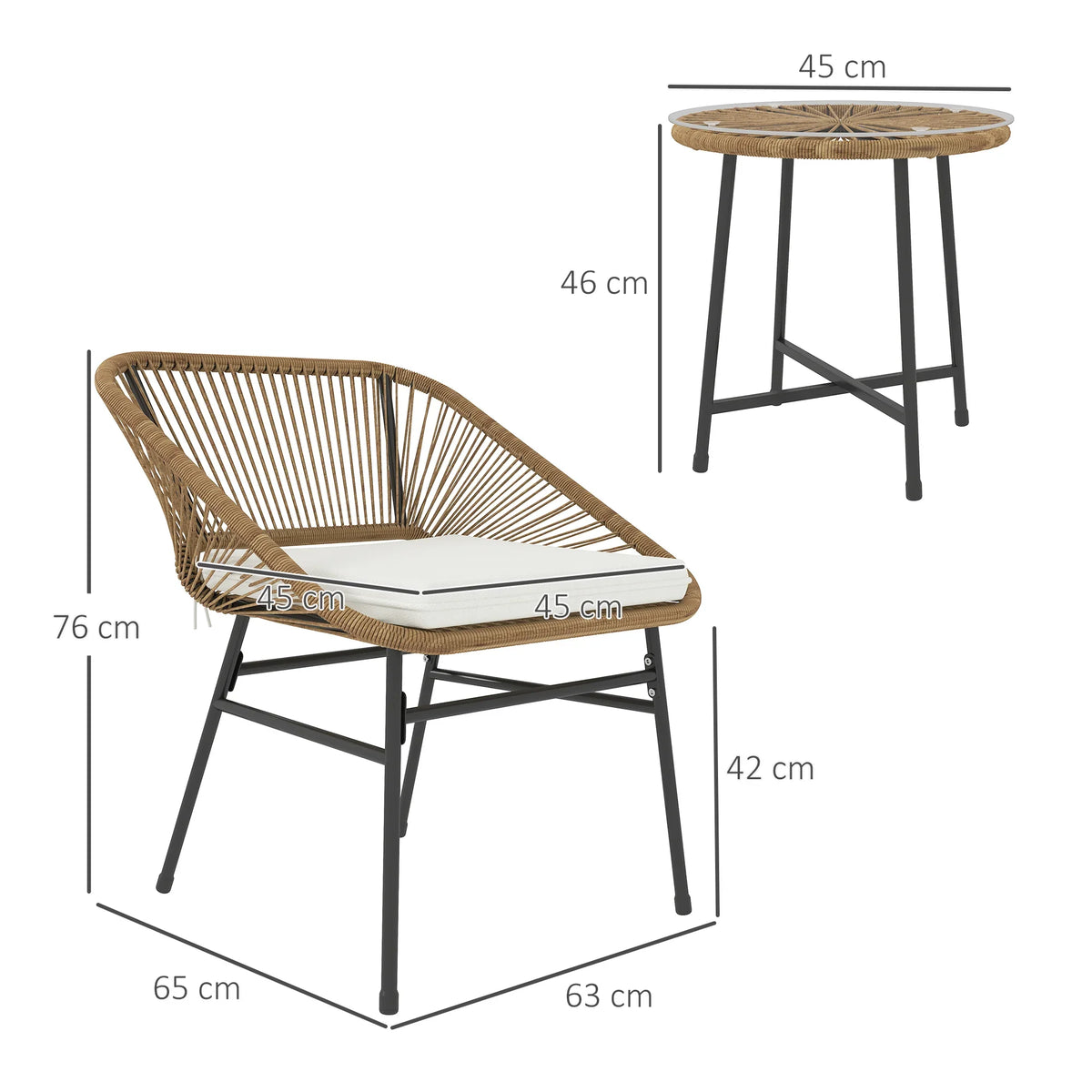 Rattan wicker bistro chair with white cushion and matching round side table with dark legs