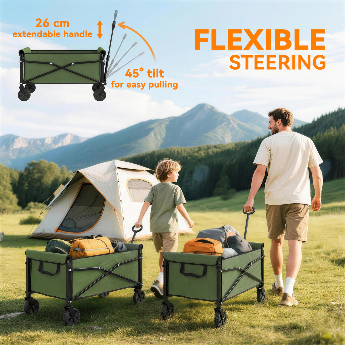 Green folding garden trolley with extended adjustable handle and tilted steering