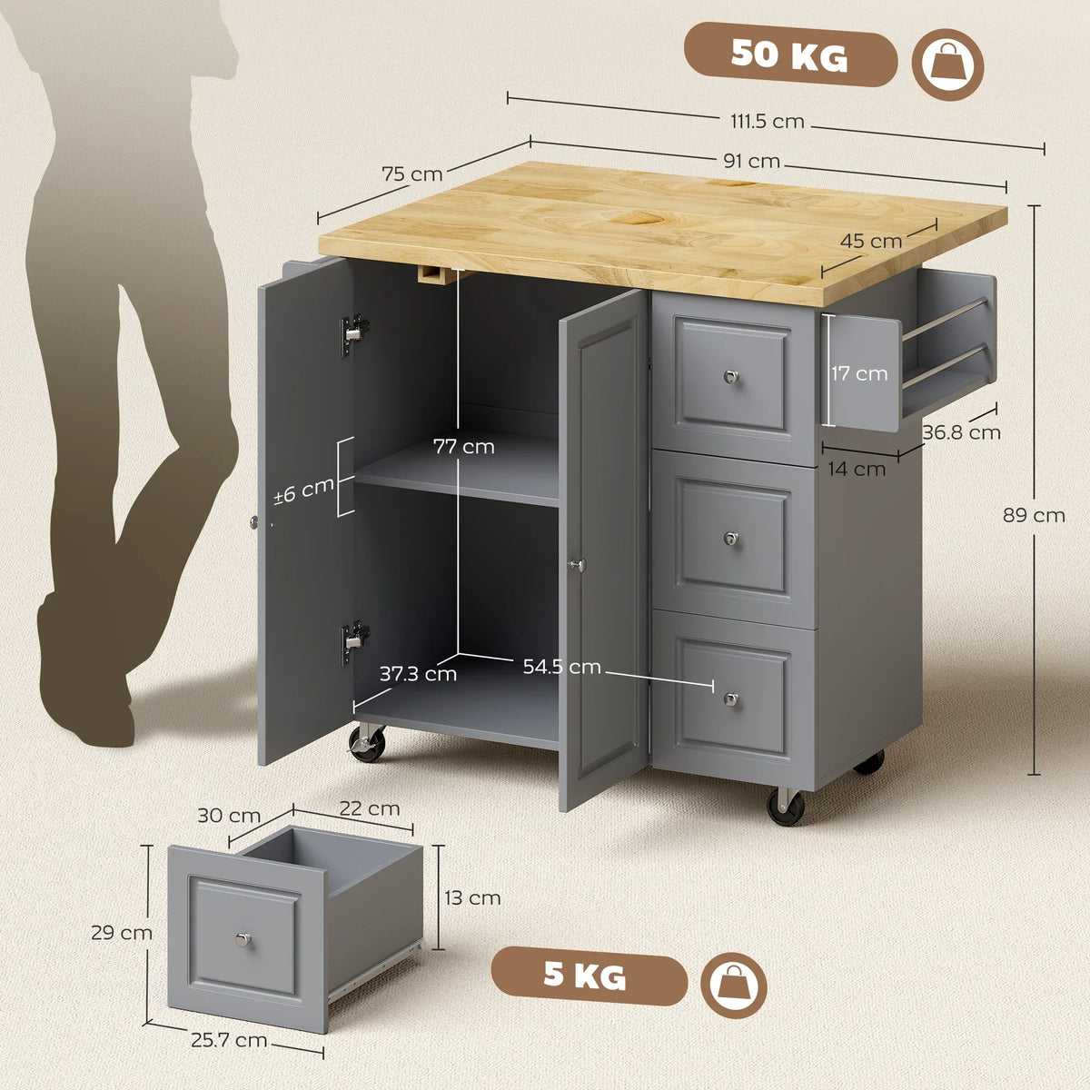 Grey rolling kitchen island with wood top, cabinets, three drawers, spice shelf, and caster wheels