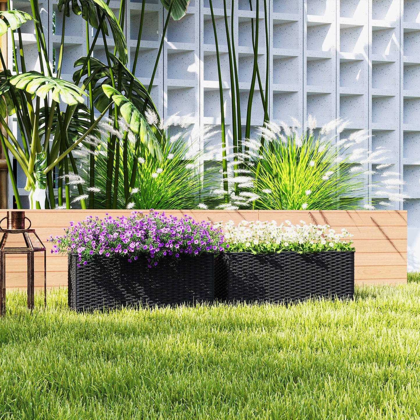 Outsunny Set of Two Rattan Effect Planters Black With Hooks For Balcony Railings And Outdoor Garden Decor
