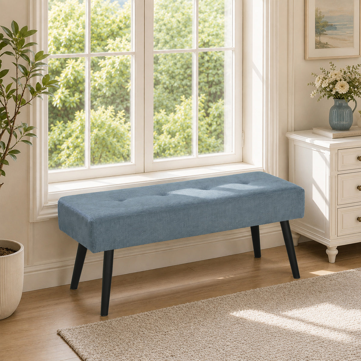 HOMCOM Blue Corduroy Tufted End Of Bed Bench With Padded Seat And Steel Legs
