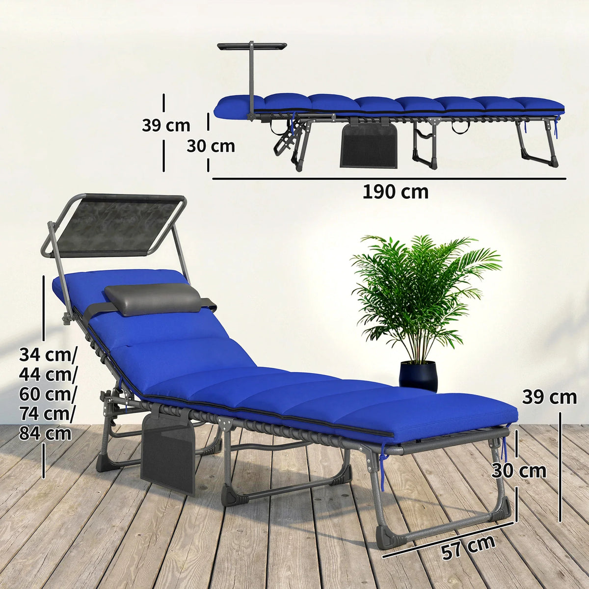 Dark blue folding sun lounger with adjustable recline and black metal frame