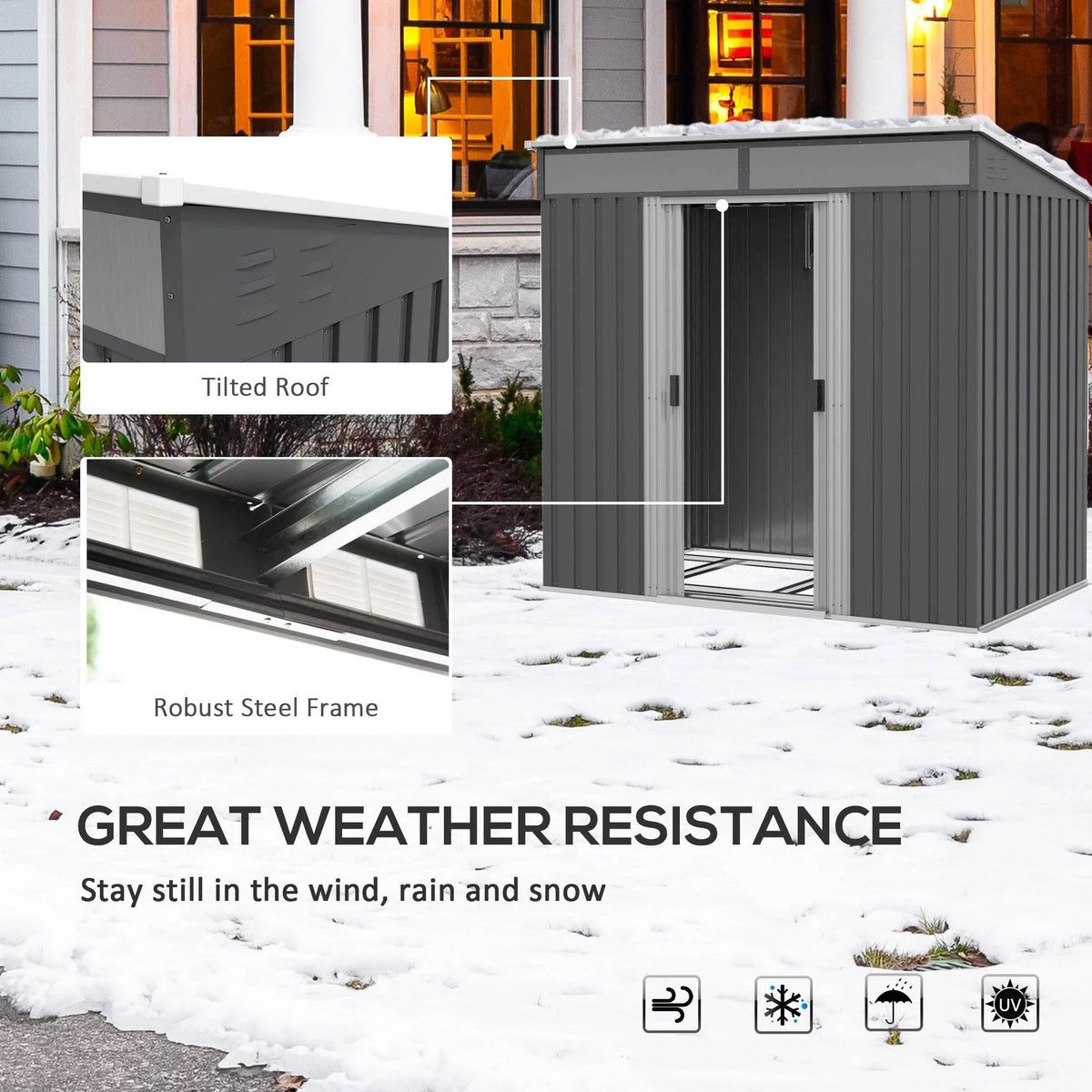 Gray metal garden shed with tilted roof and weather-resistant design elements