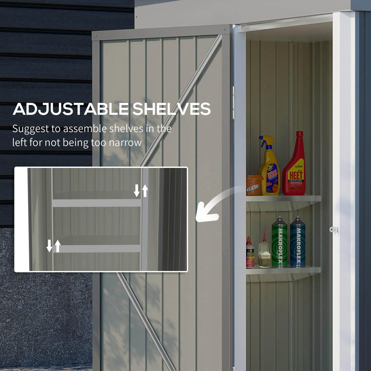 Grey steel shed interior with adjustable shelves and open front door