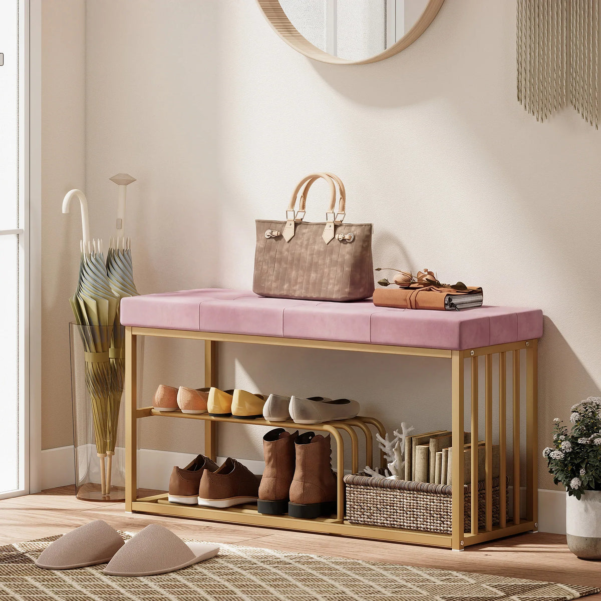 Pink tufted velvet shoe storage bench with gold steel frame, open 2-tier rack