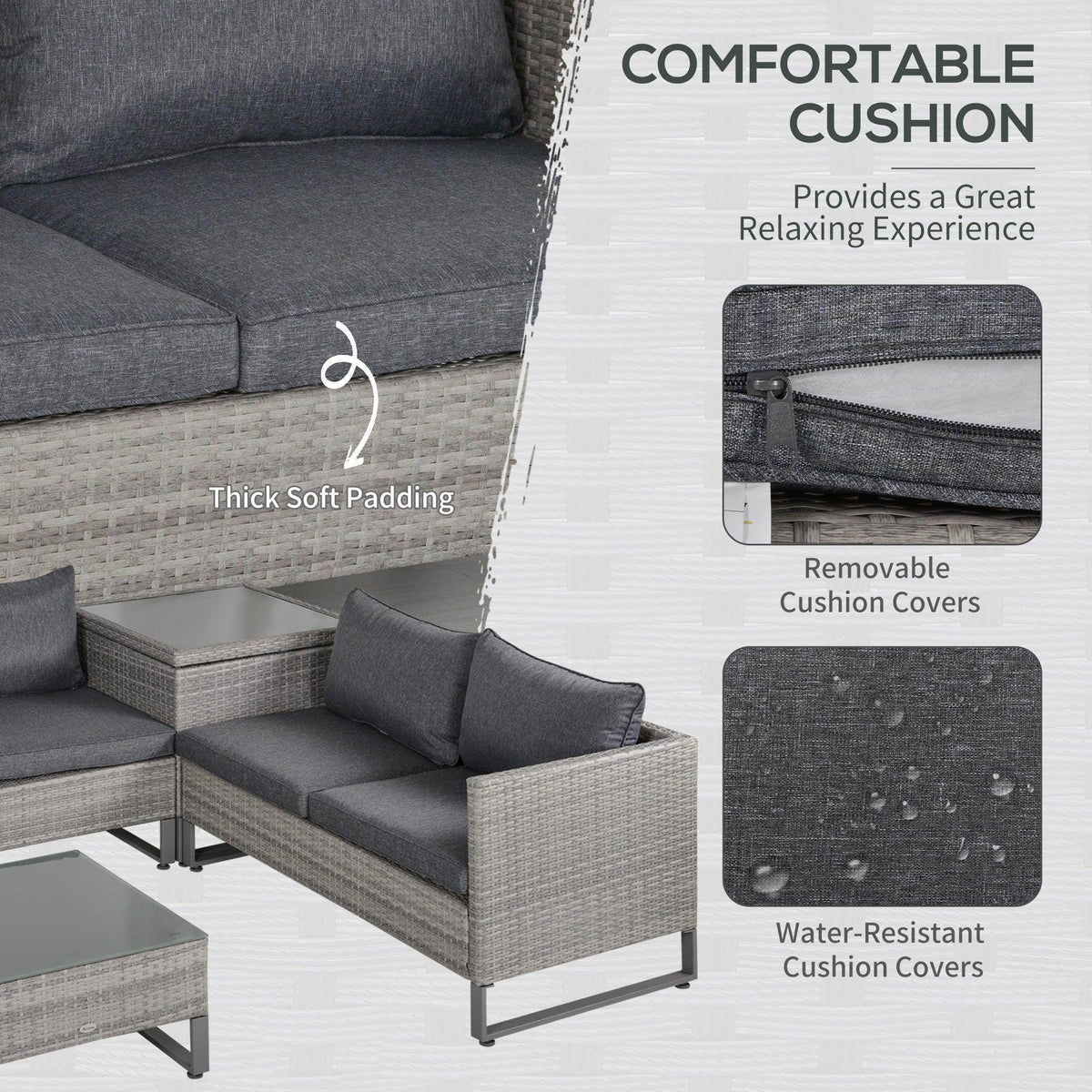 Grey rattan sofa with thick dark-grey cushions and removable, water-resistant cushion covers