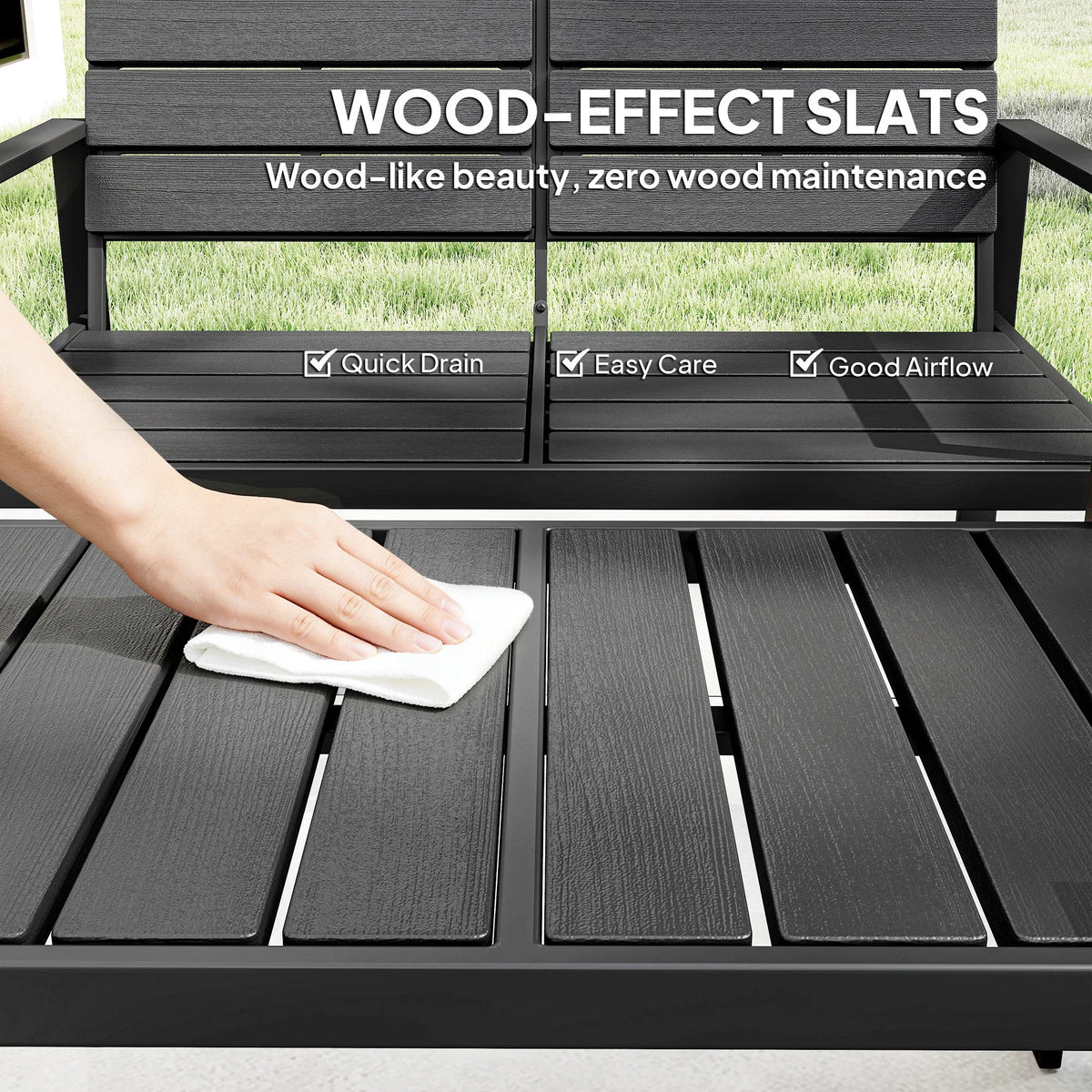 Close-up of black slatted HDPE patio tabletop with easy-clean design.