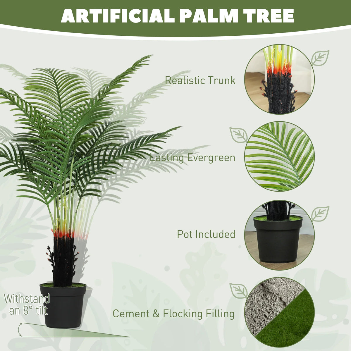 Artificial areca palm tree with realistic trunk, green fronds, black pot included