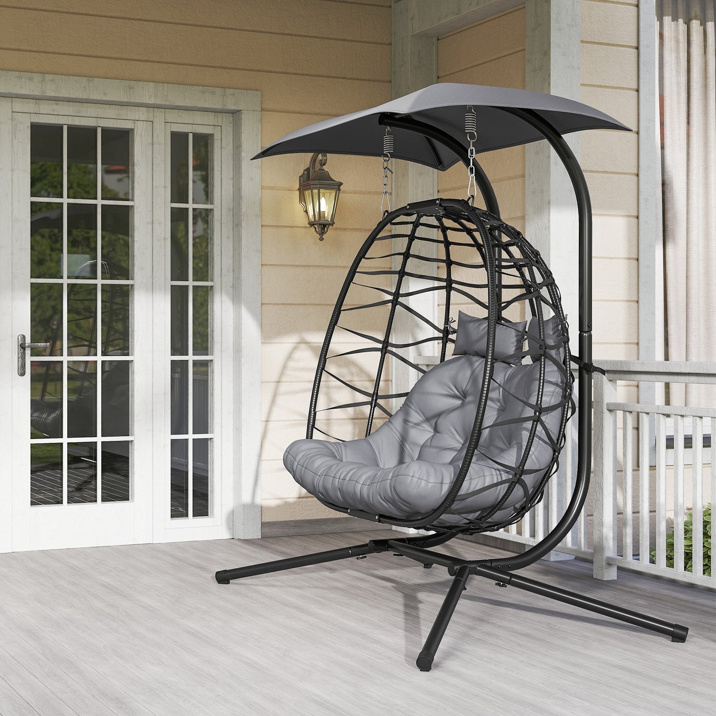 Outsunny Double Rattan Egg Chair With Canopy Powder Coated Steel Frame For Outdoor Garden Patio Two Seater Black