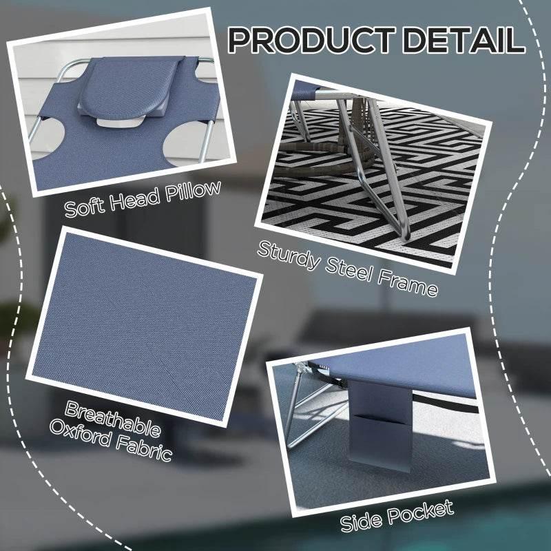 Foldable blue sun loungers with attached headrest pillow and side pocket, metal frame