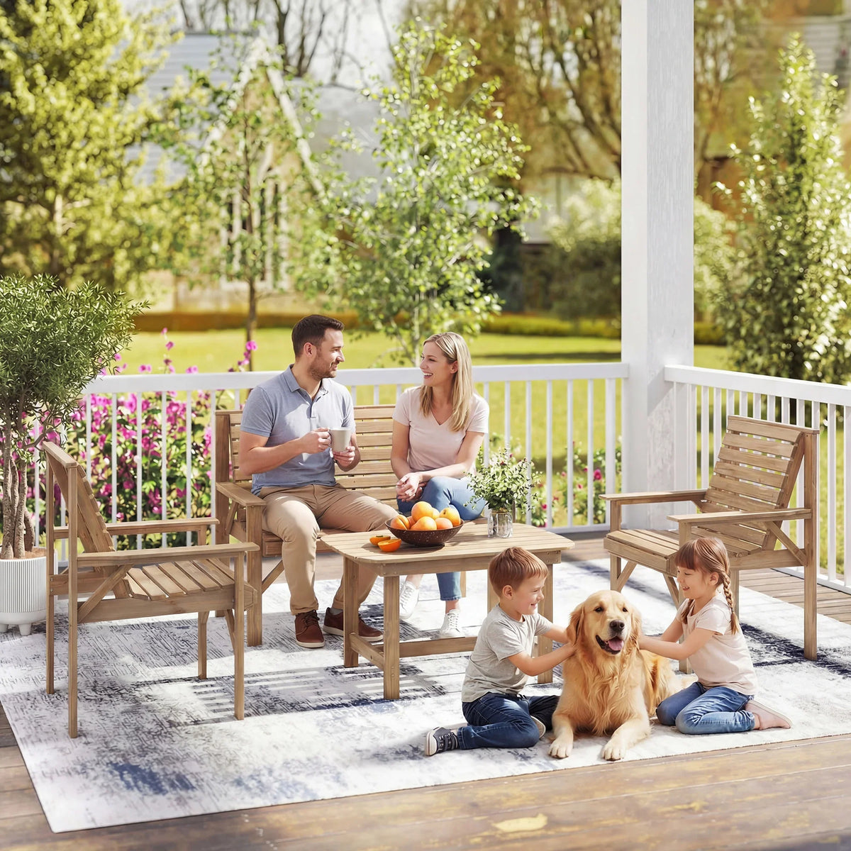 Natural wood patio seating set with loveseat, two armchairs, and coffee table