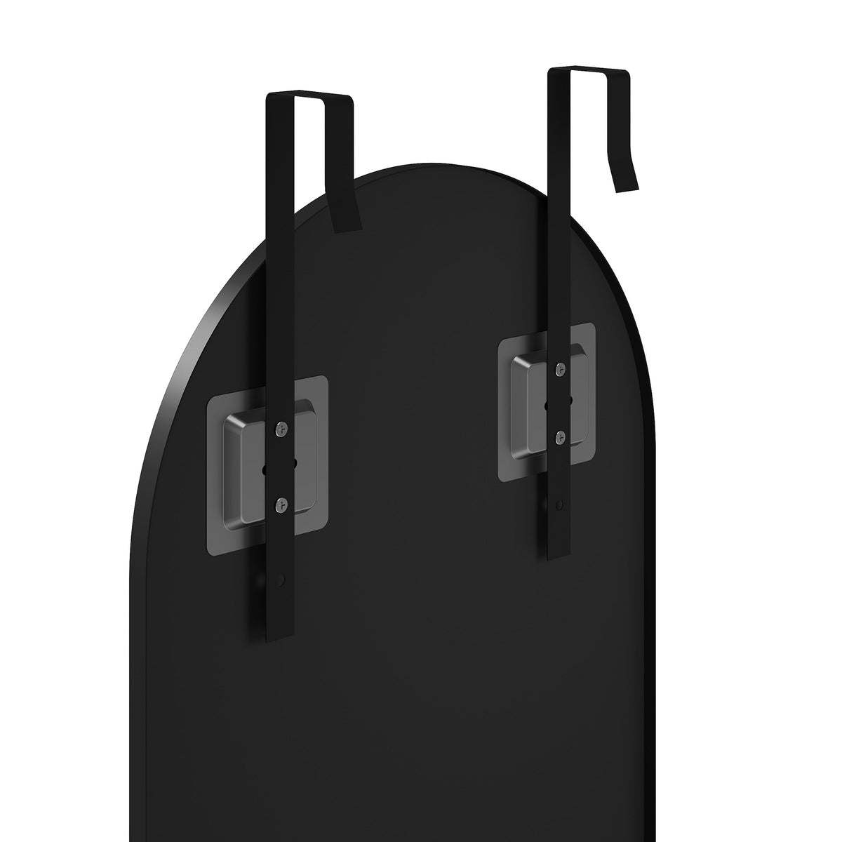 Black arched mirror back with two adjustable hanging hook brackets and mounting plates