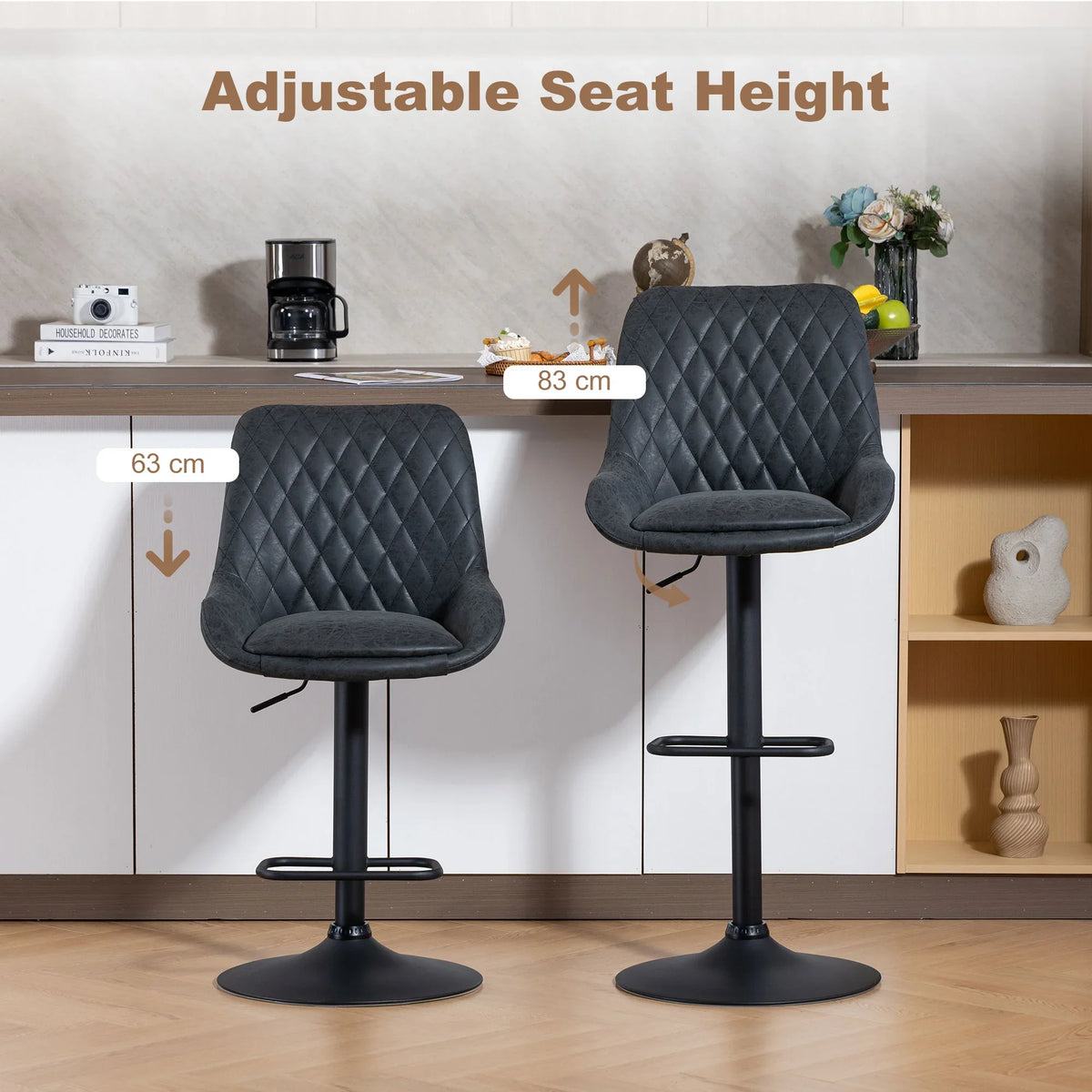 Two adjustable bar stools with high backs, quilted faux leather, and black round bases