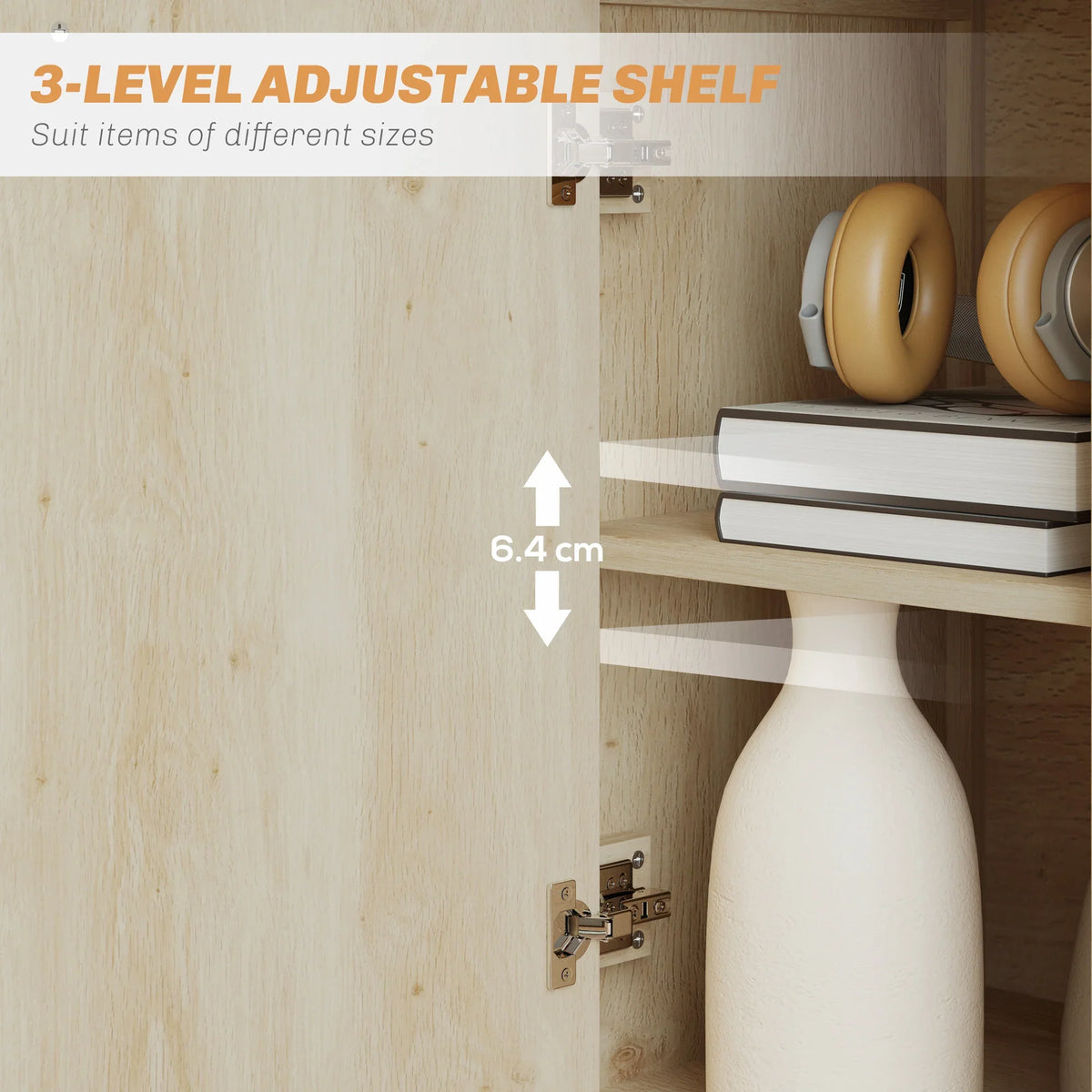 Light wood sideboard showing 3-level adjustable shelf and side hinge hardware