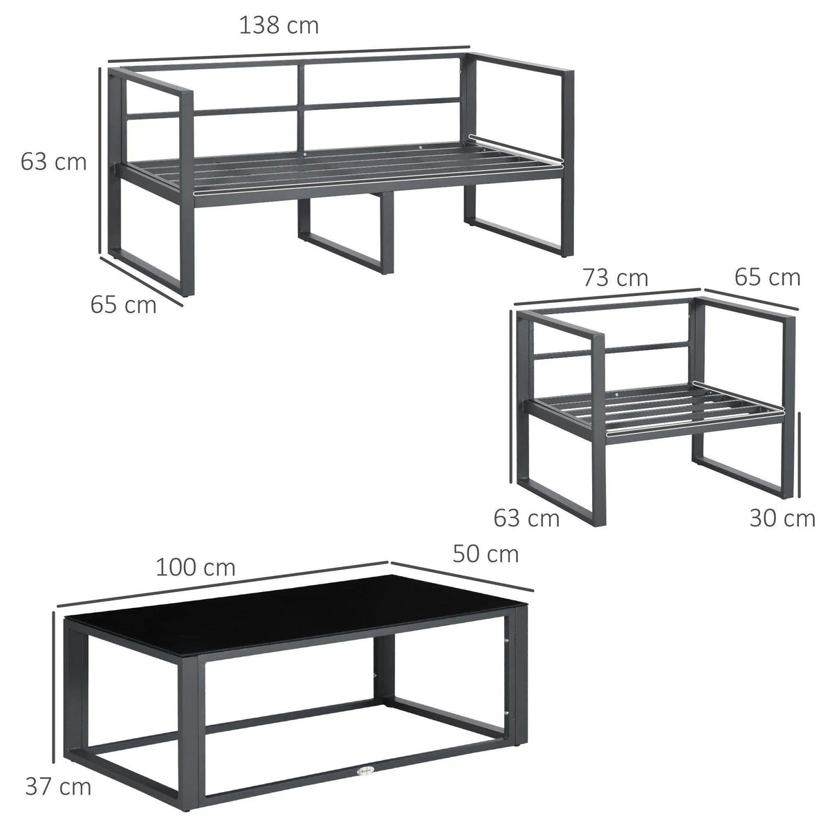 Aluminum coffee table with open shelf, shown with measurements from multiple angles