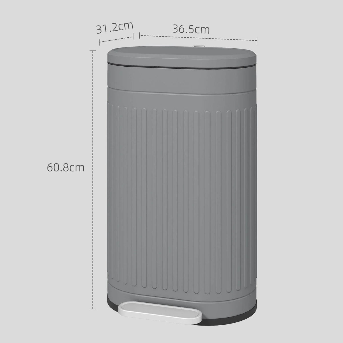 Grey 30L pedal bin with domed lid and ribbed body, front view
