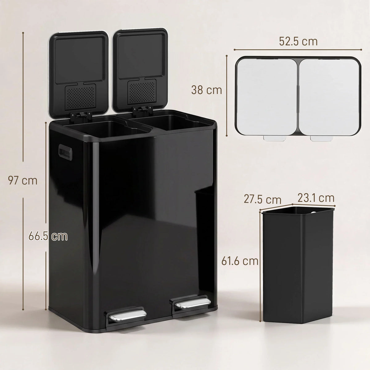 Black double waste bin with two open lids and dual inner buckets, front pedal openings