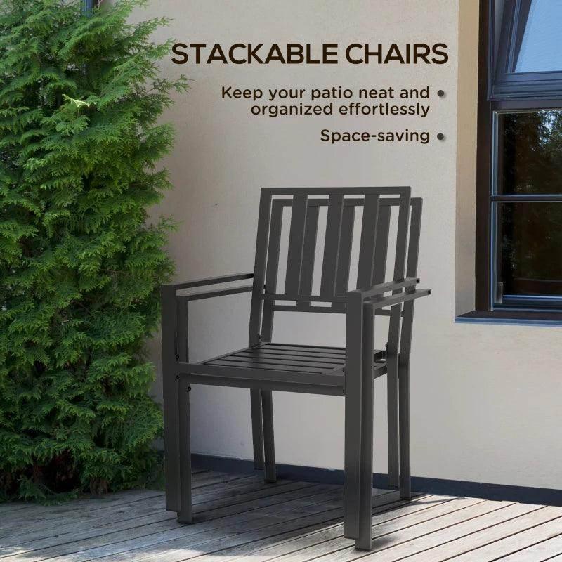 Black stackable metal patio dining chair with high slatted backrest and armrests