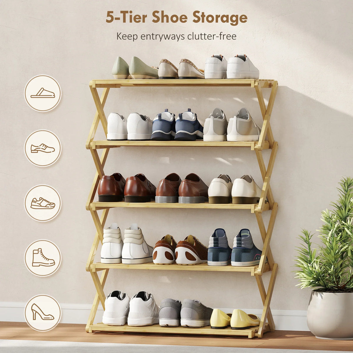 Five-tier bamboo shoe storage rack with four open shelves for shoe pairs