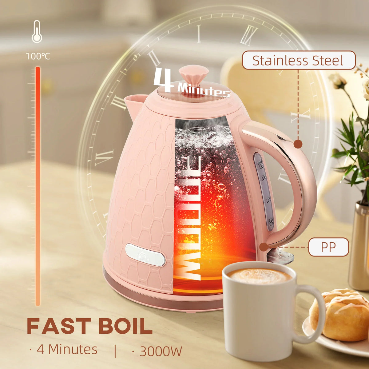 Light pink electric kettle with honeycomb body, handle and heating steam cutaway view