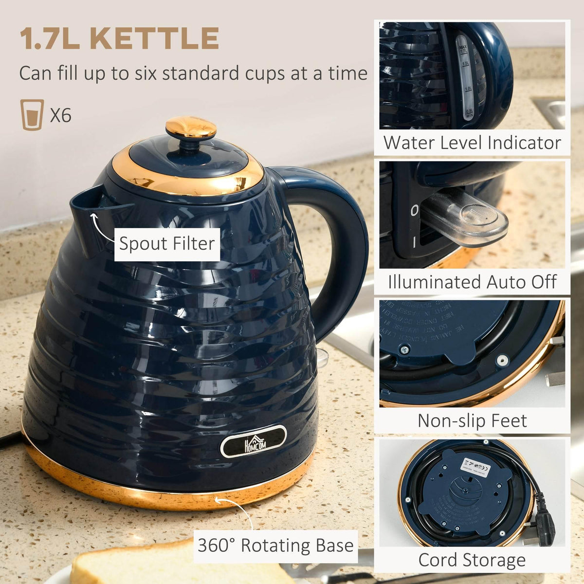 1.7L electric kettle, glossy dark blue with water level indicator and auto-off