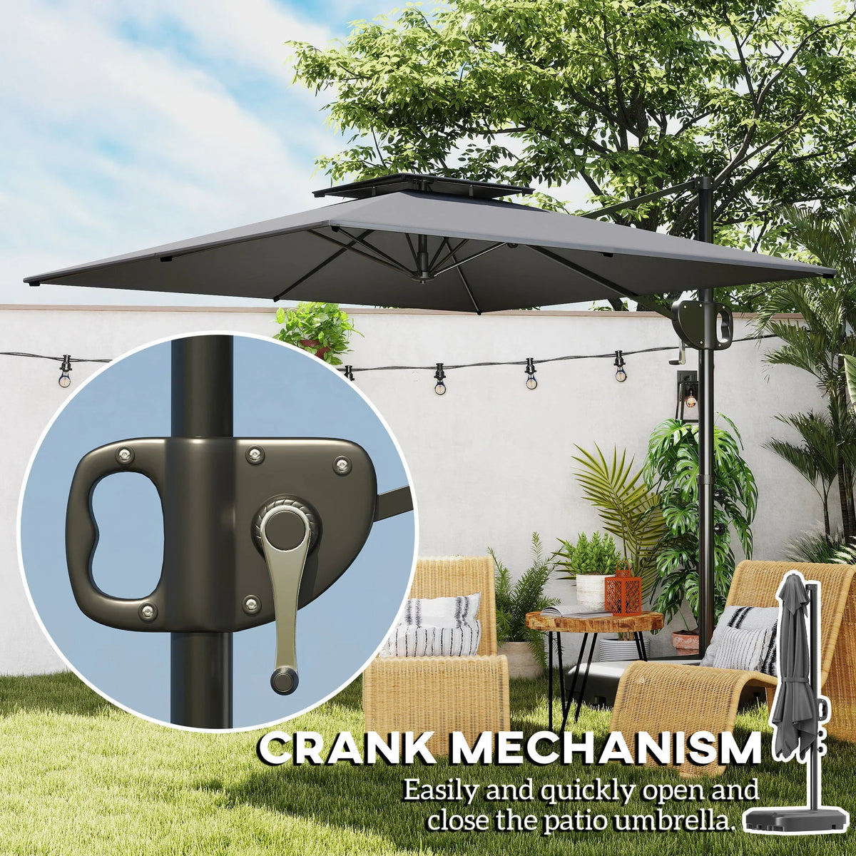 Crank tilt mechanism for dark grey cantilever patio parasol with double-top canopy