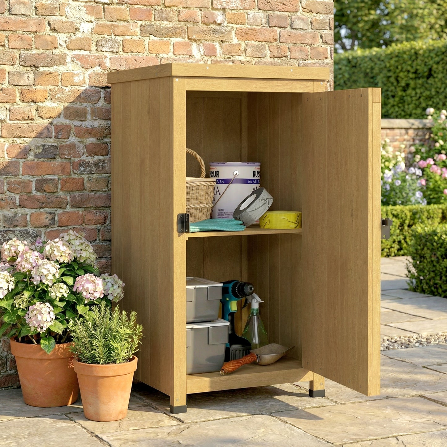 Outsunny Wooden Garden Shed Garden Tool Storage Shed With Metal Top And Shelf Light Brown
