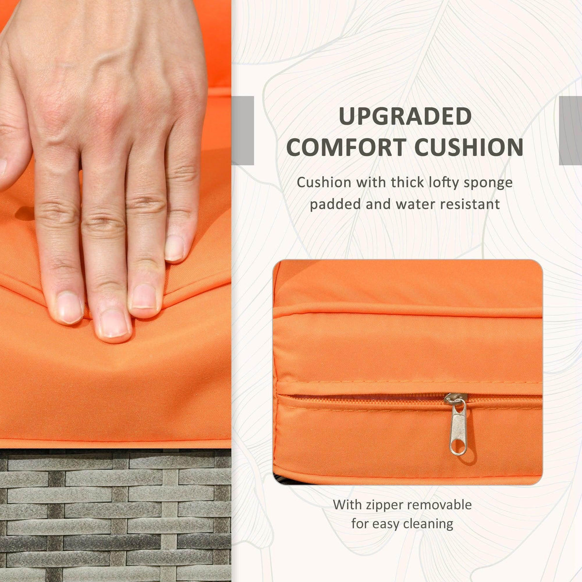 Orange seat cushion with zipper on removable cover for easy cleaning