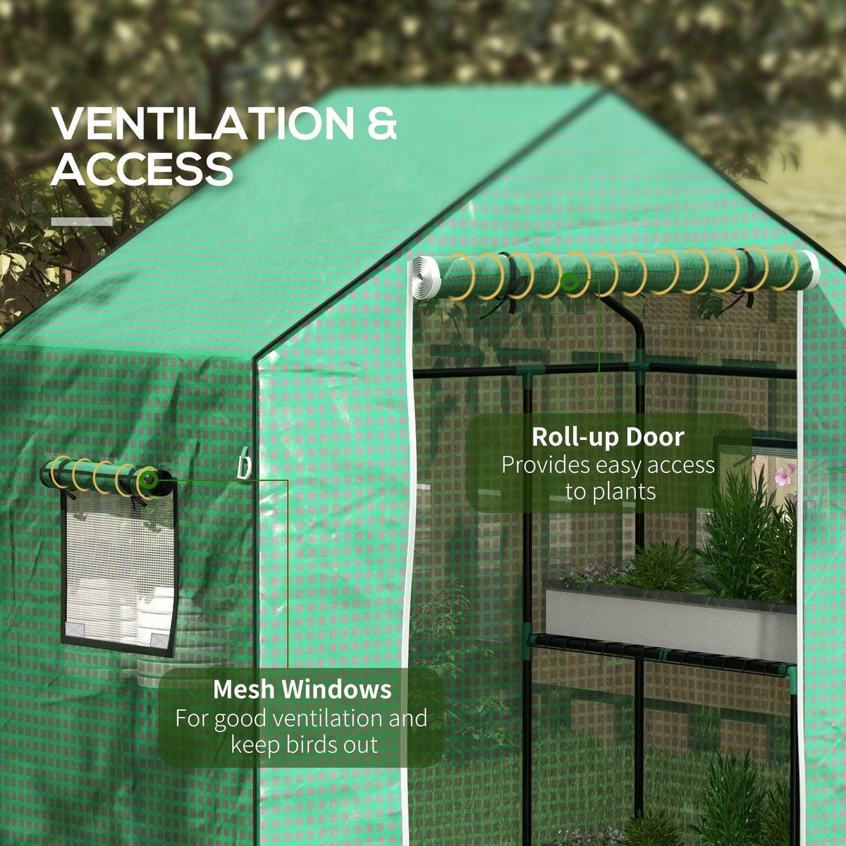Green greenhouse cover featuring roll-up door and mesh ventilation windows
