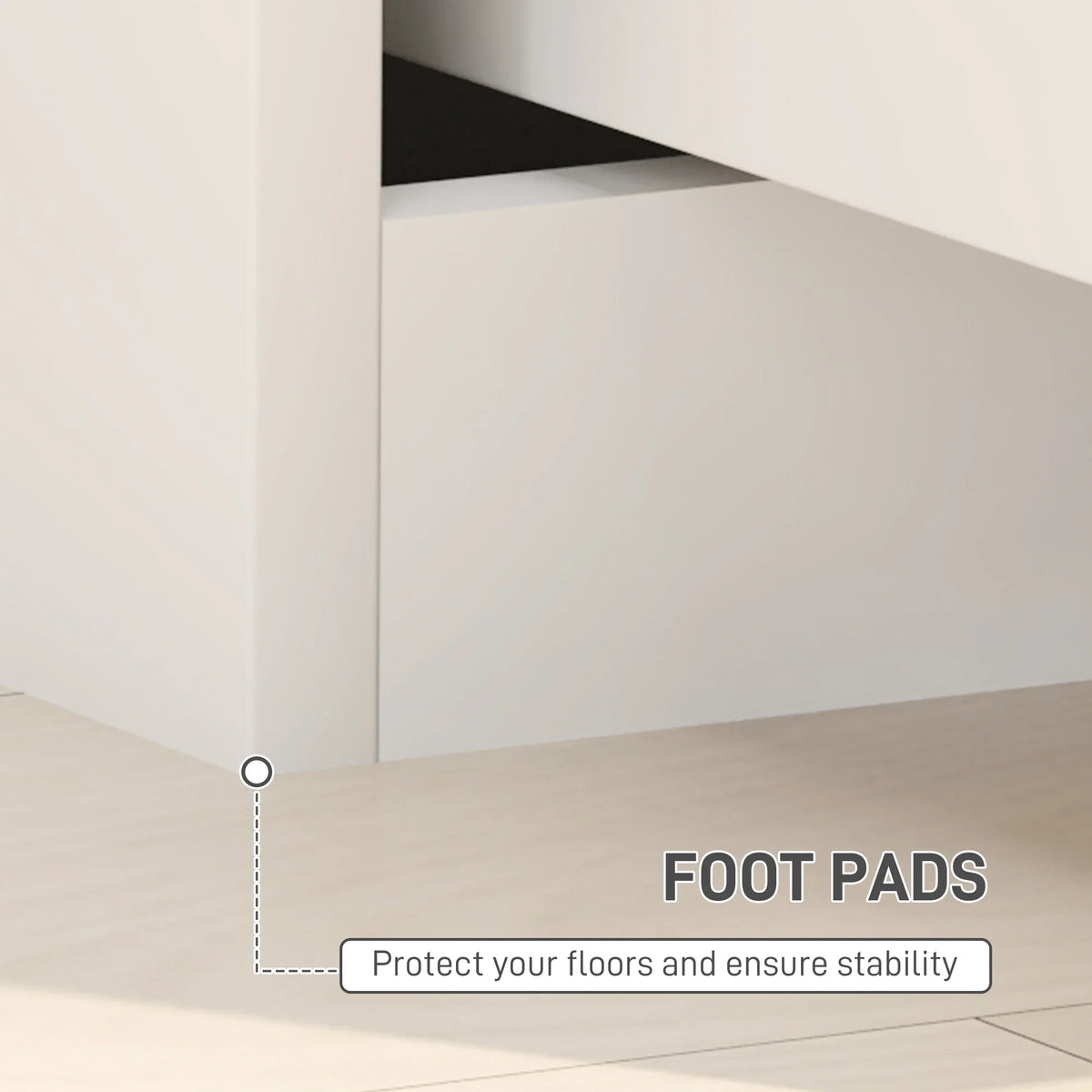 White high-gloss bedside table with foot pads for stability, underside corner view