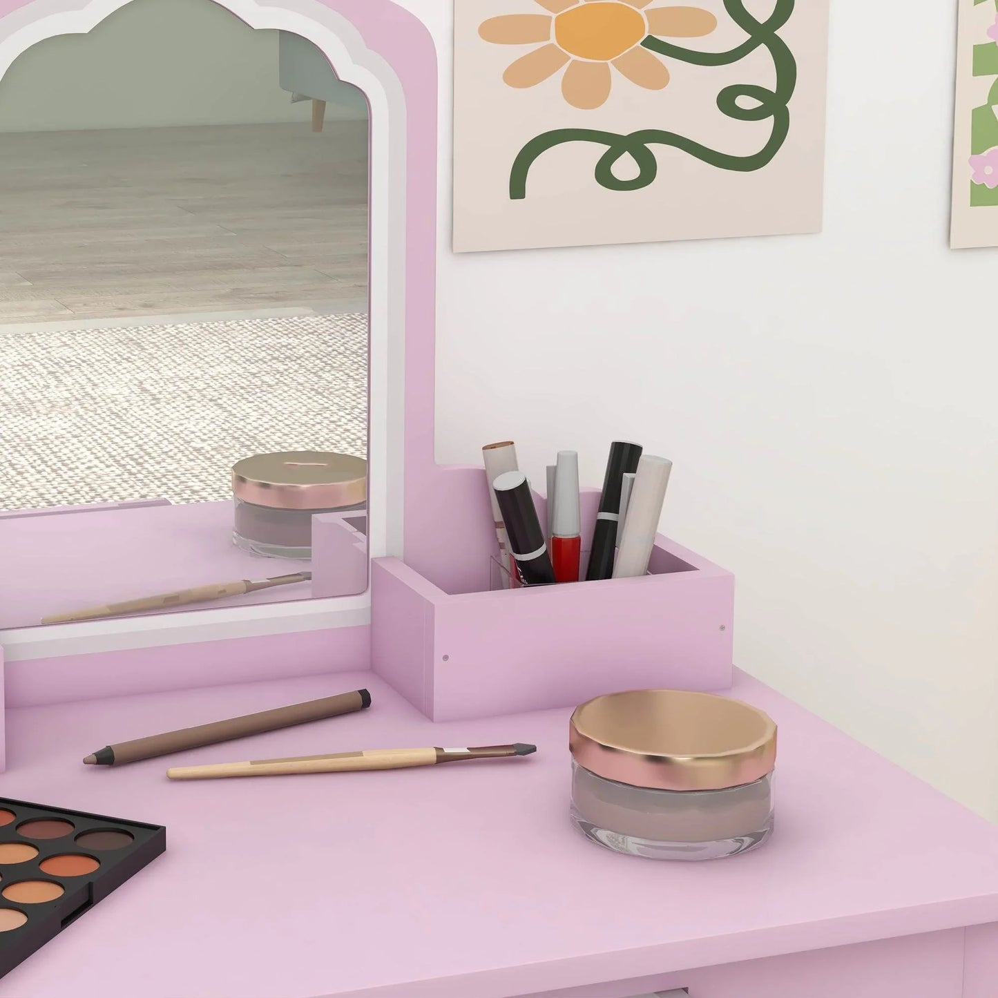 ZONEKIZ Enchanted Cloud-Themed Wooden Kids Bedroom Furniture Set with Dressing Table, Stool, and Bed for Ages 3-6 - ALL4U RETAILER LTD