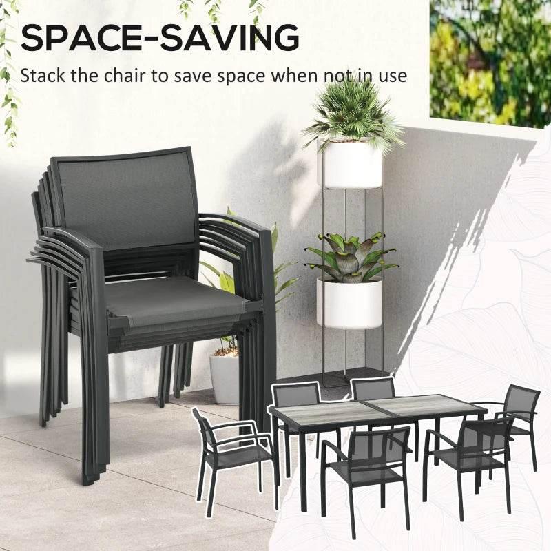 Grey stackable outdoor dining chair with breathable mesh seat and back
