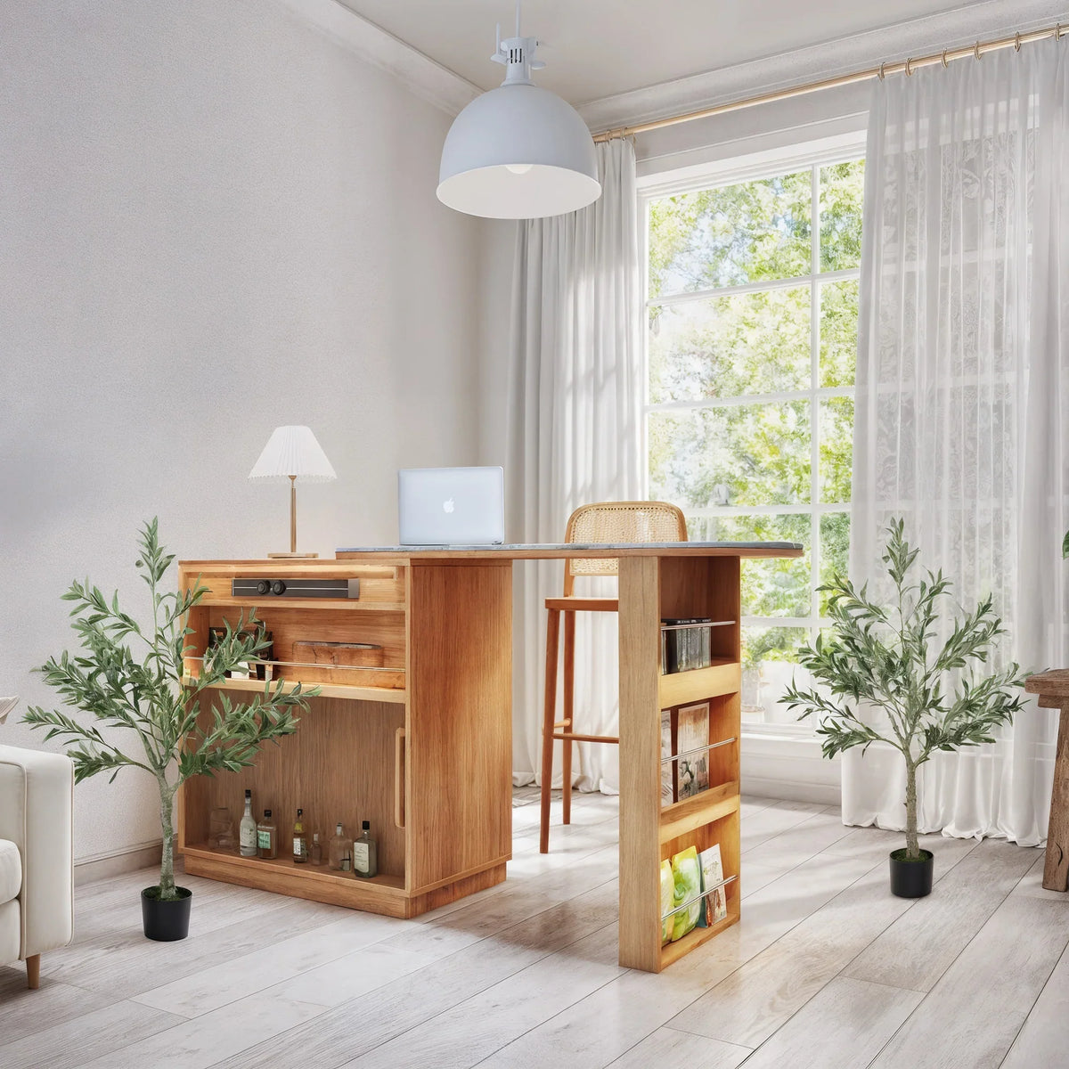 Two artificial olive trees with faux foliage in black pots beside a home bar cart